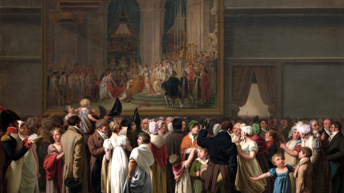 ルーブル美術館でナポレオン一世の戴冠式と皇妃ジョゼフィーヌの戴冠を鑑賞する人々